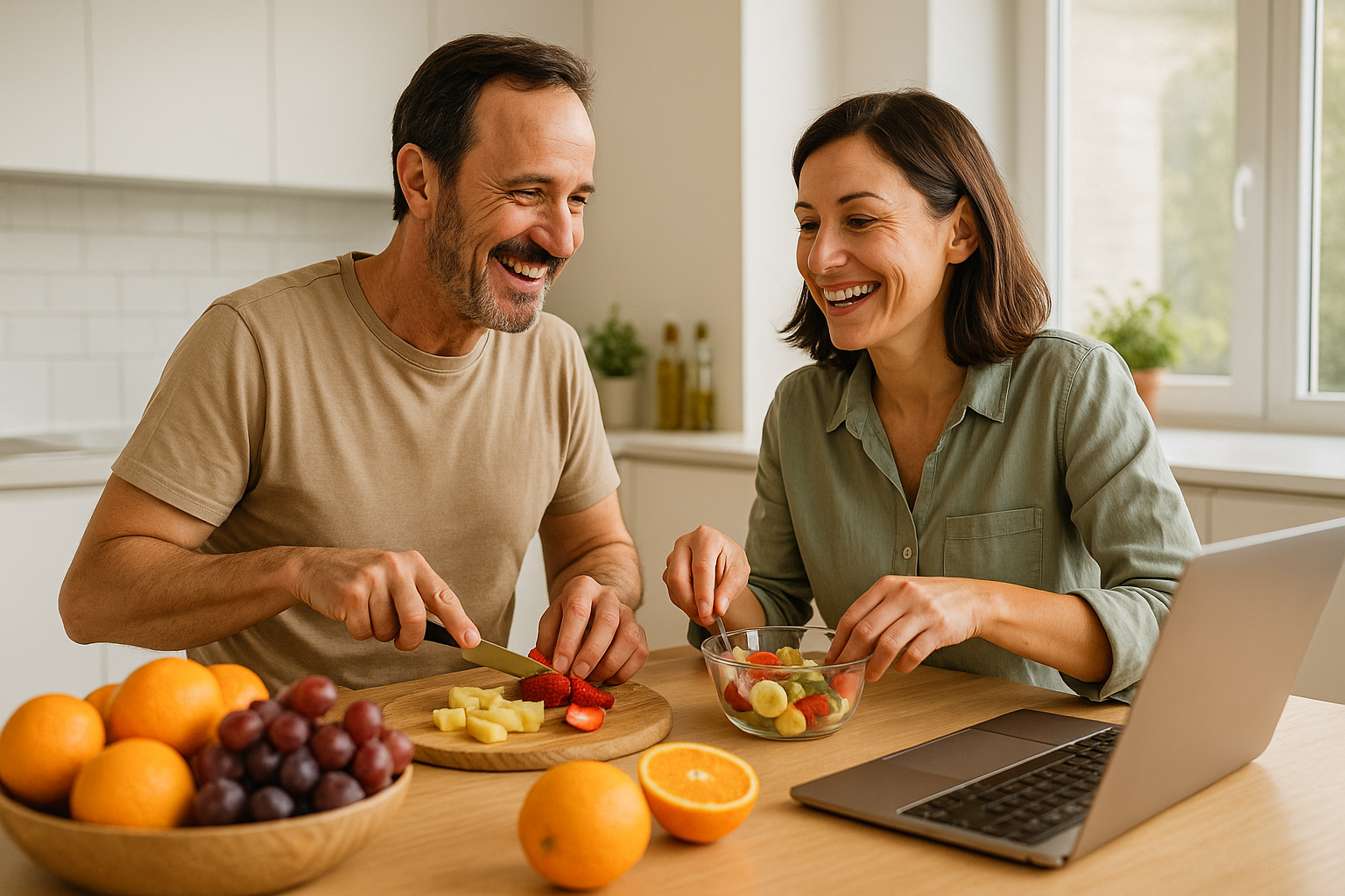 Pareja preparando ensalada de frutas